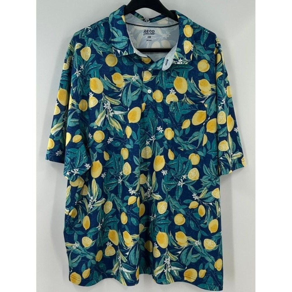 IZOD Saltwater Mens 3XB Polo Shirt Blue Lemon Citrus Print Short Sleeve Pocket